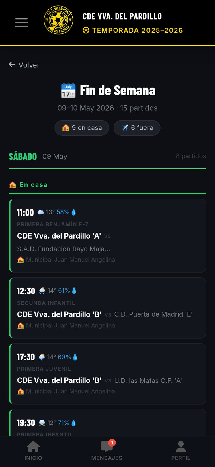 Pantalla del finde con partidos del club