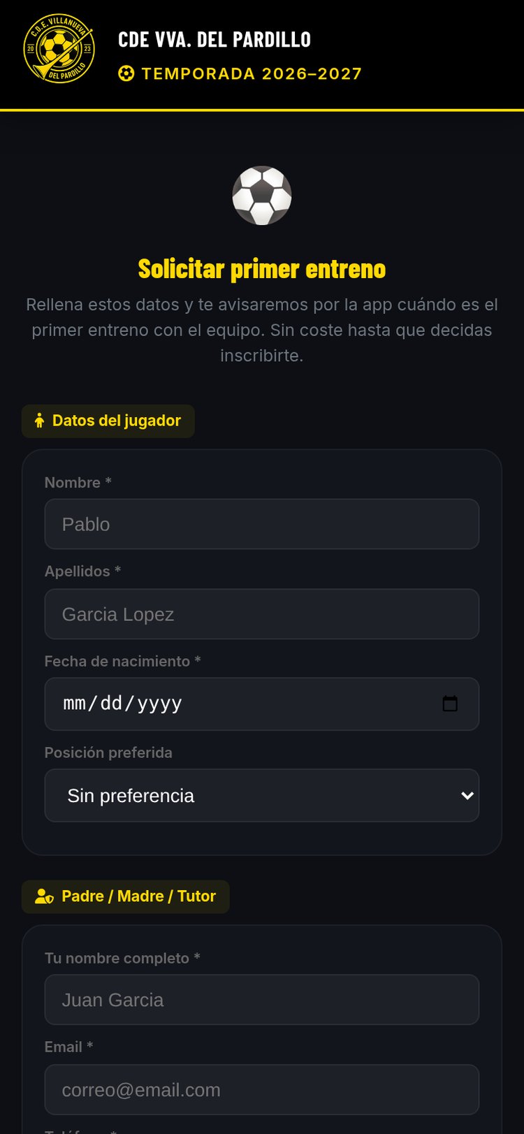Formulario para solicitar primer entreno